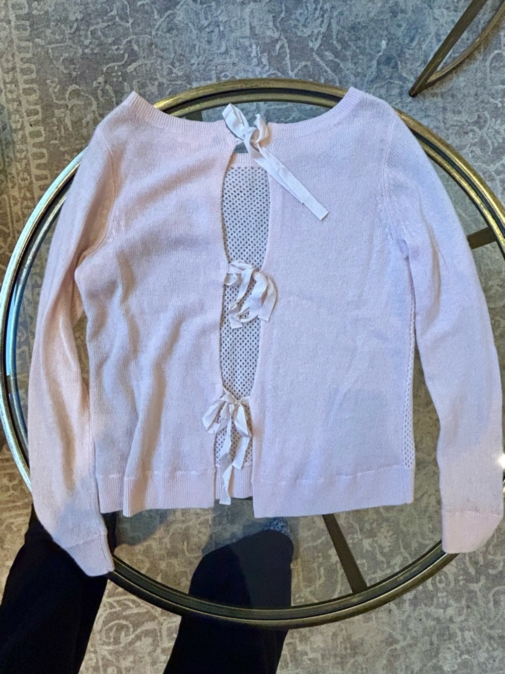 Rebecca Taylor Pink Cashmere Tie Back Sweater, Open Knit Bow Details, Size M